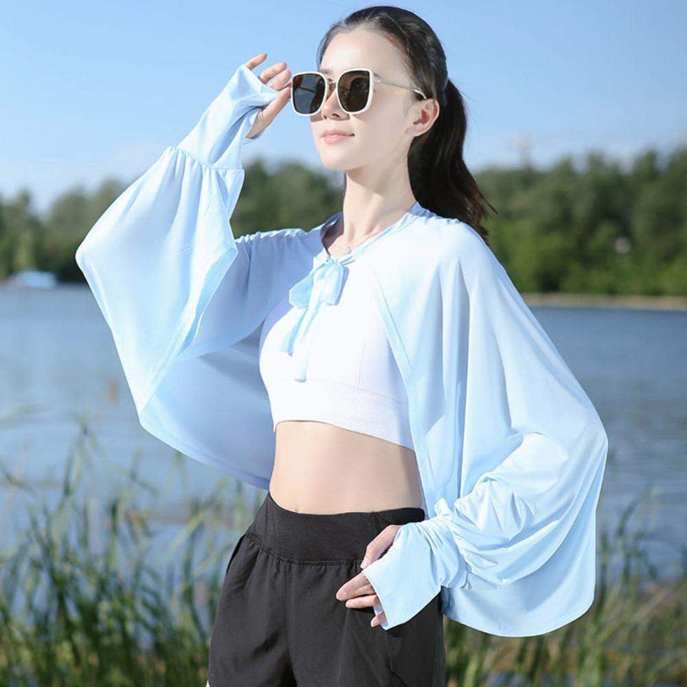 Long Sleeve Sunscreen Shawl Solid Color Thin Crop Top New Long Sleeve Crop Top  Outdoor Activities