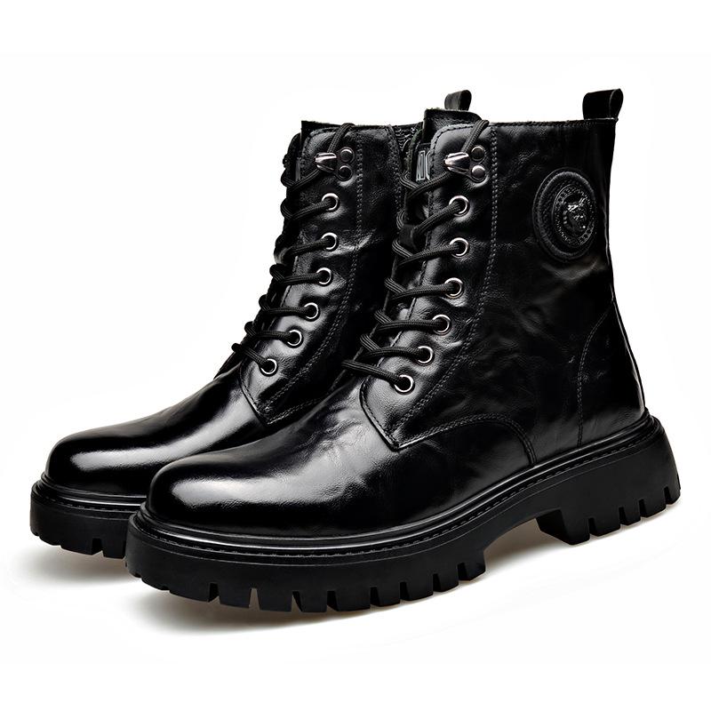 Men's Trendy Wool-Lined Cowhide High-Top Martin Boots with Side Zipper - Casual and Warm.