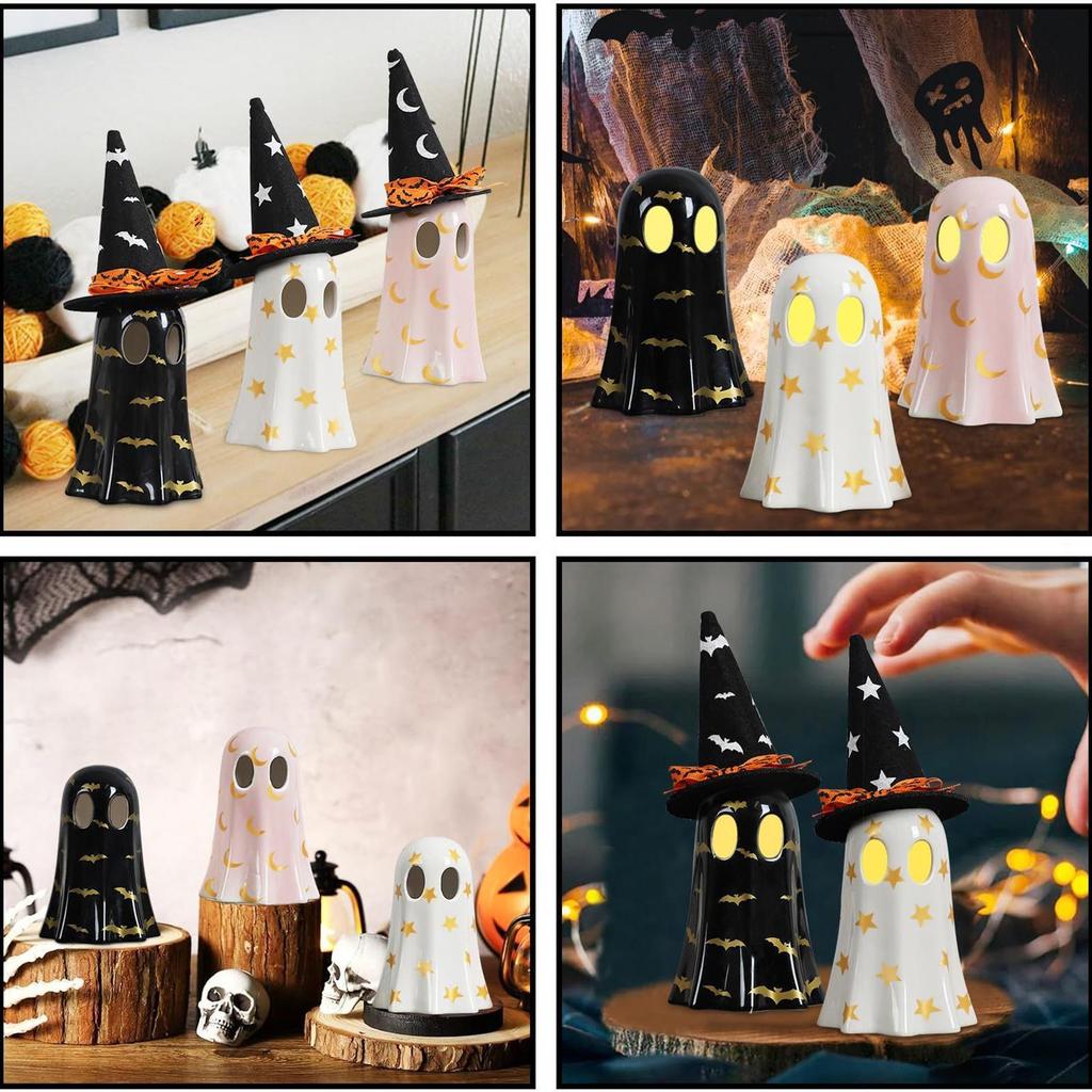 Ghost Statues Halloween Sculpture Resin Ghost Figurine With Witch Hat For Desk Indoor Mantle Table Fireplace Home Bookshelf
