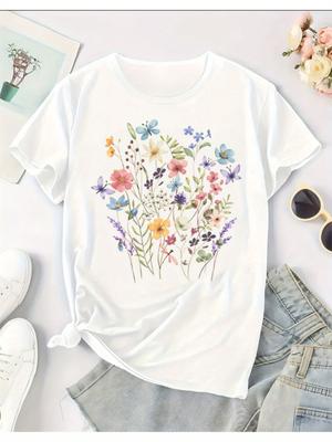 Camiseta Feminina com Estampa Floral  Corte Solto   Estilo Casual Confortável Manga Curta Gola Redonda com Design Floral Vibrante Minimalista