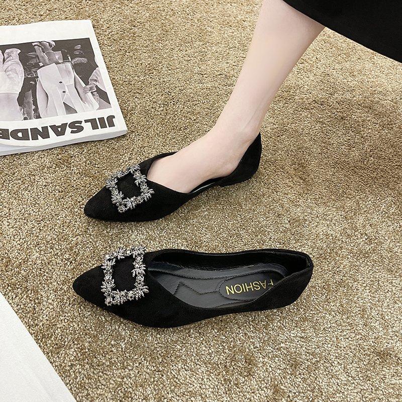 2025 New Korean Version of Foreign Trade Pointed Foot Cover Flat Bottom Fashion Casual Large Size Women's Shallow Mouth Rhinestone Buckle Women'