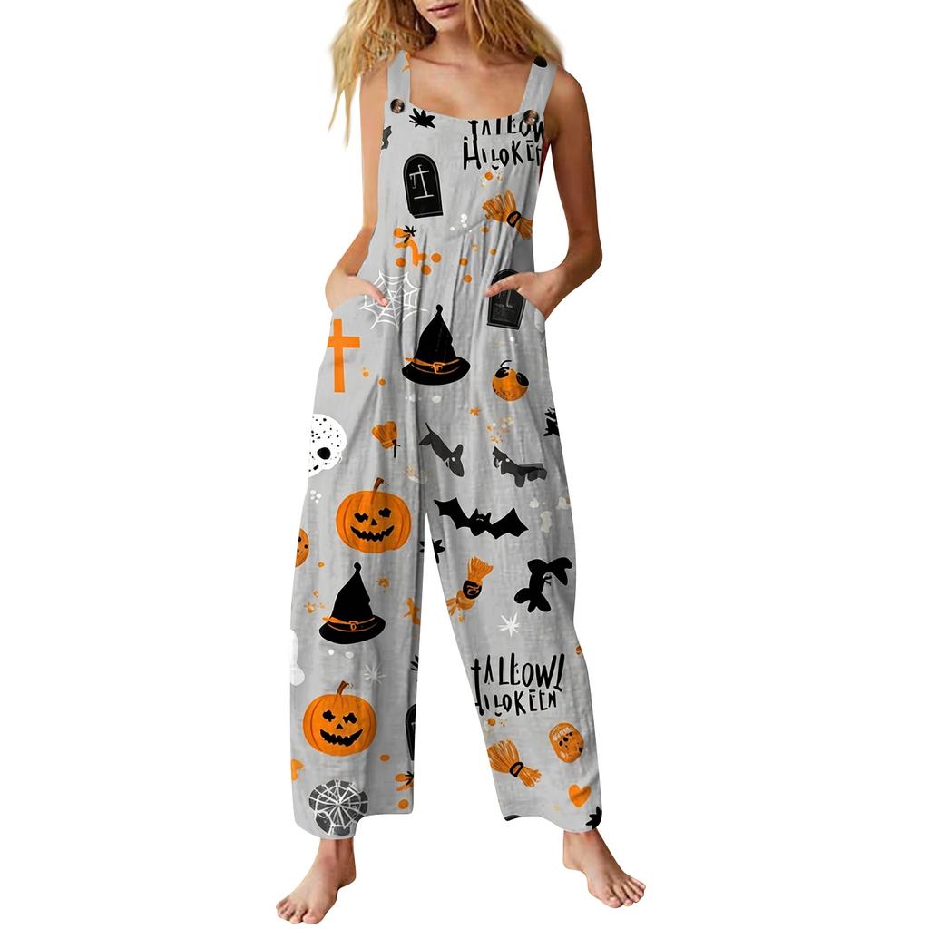 Women Sleeveless Jumpsuit Halloween Print Cotton Casual Loose Fit Wide Leg Romper Pocketed Overall Pants
