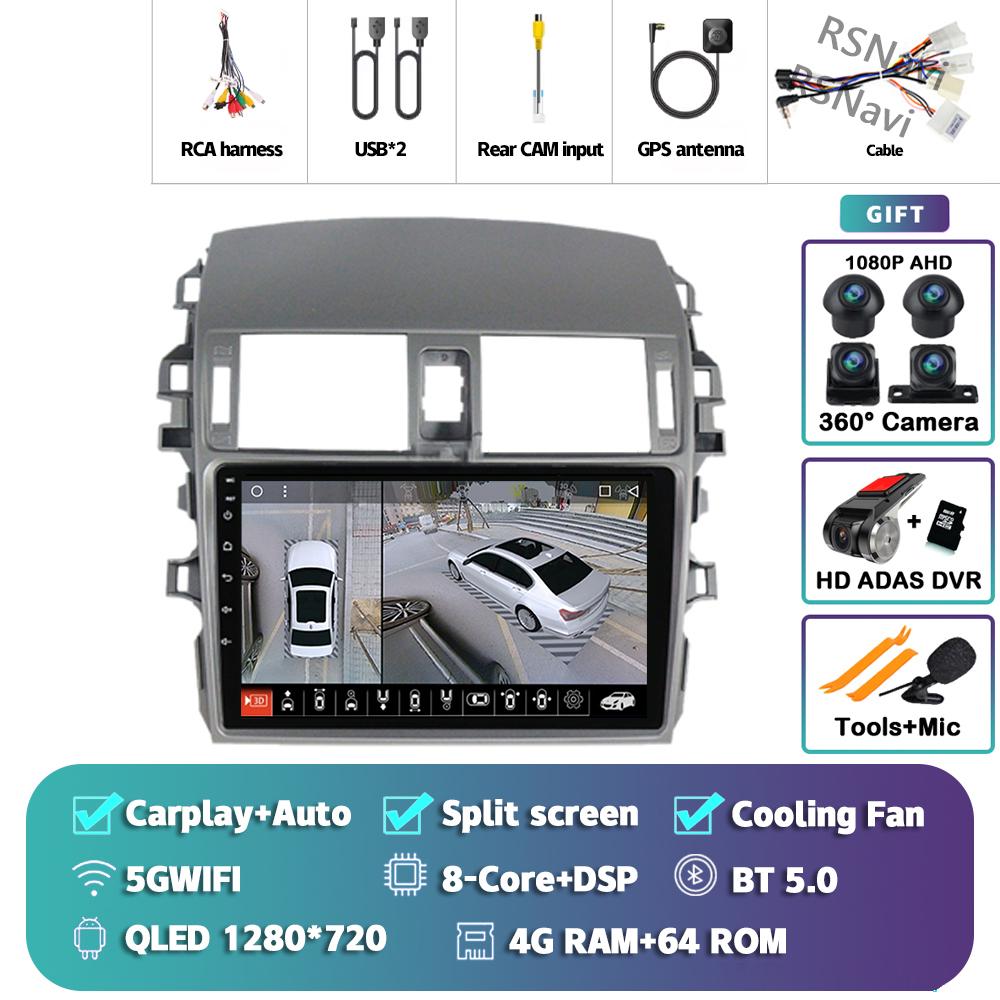 Android 14 Carplay Auto For Toyota Corolla 2006 - 2013 Car Radio 4G+WIFI Player Multimedia Stereo 360 Camera Navigation Video BT