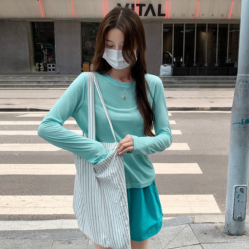Mint Green Round Neck Curved Front Shoulder Sun Protection T-Shirt Women's Long Sleeve Early Autumn Waist Slim Fit Bottoming Top