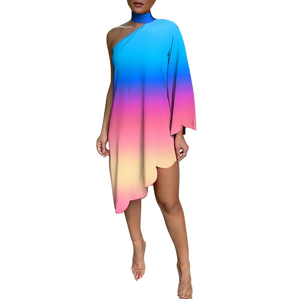 Wish Ladies Slash Shoulder Digital Printing Neck Strap Dress