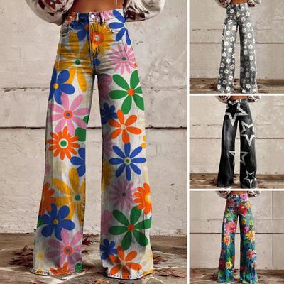 Women Retro Pants High Waist Button Zipper Fly Pockets Long Trousers Digital Floral Print Casual Pants