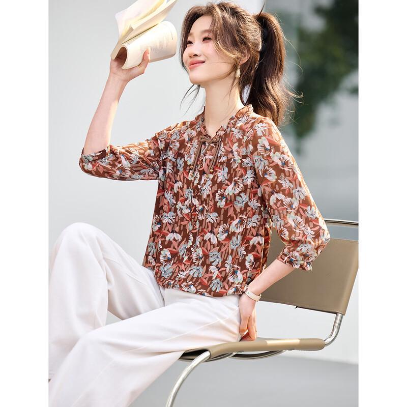 Sanpowa Women s Loose Fit Botanical Print Shirt L кофейный
