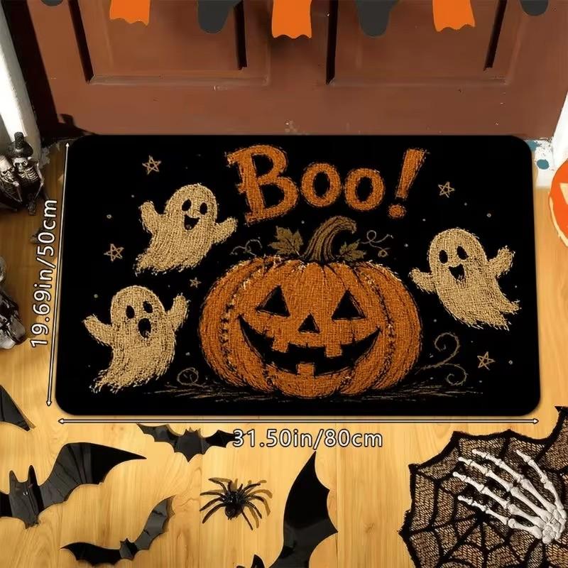Halloween Gathering Shadows Doormat Skeleton Hand Pumpkin Wood Grain Print Floor Mat Vintage Holiday Entrance Decor Rug