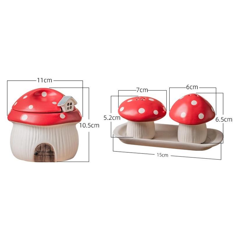 Ceramic Red Mushroom Seasoning Jar Set Kitchen Ceramic Salt Sugar Jar Soy Sauce Vinegar Bottle Home Ceramic Spice Box with Spoon