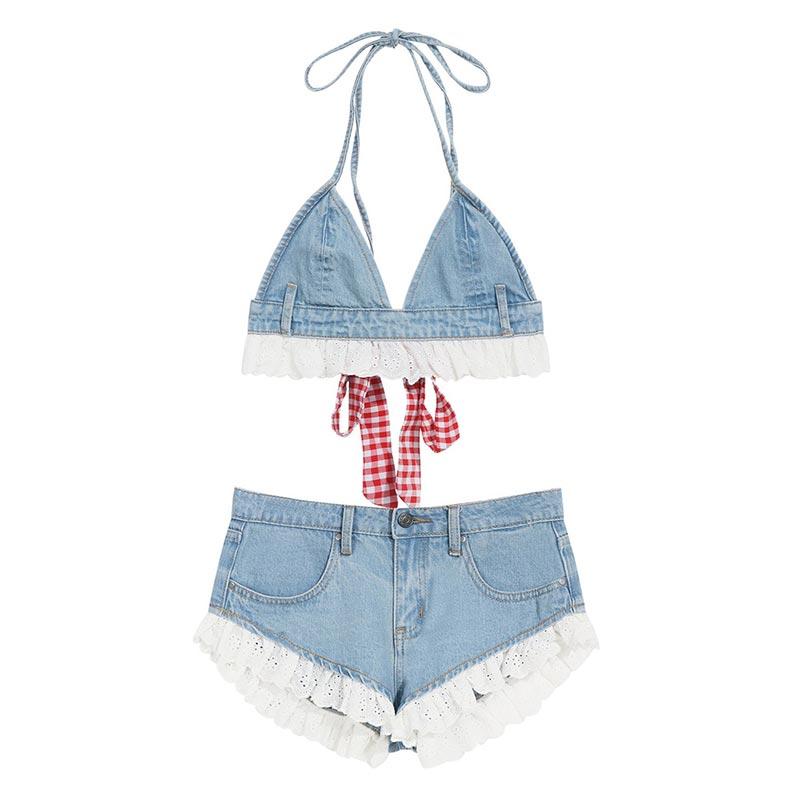 

Летний джинсовый комплект на подтяжках, короткий жилет без рукавов, топ, сексуальные джинсы, шорты, комплект из двух предметов, корейская модная женская одежда M синий