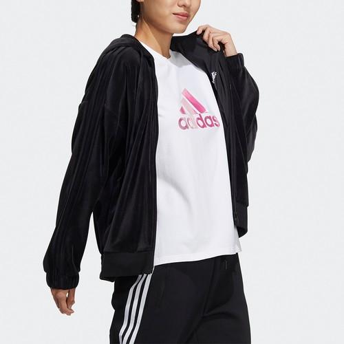 adidas Velour Jkt Long-Sleeve Hooded Zip-Up Jacket Plush Coat Women's Black