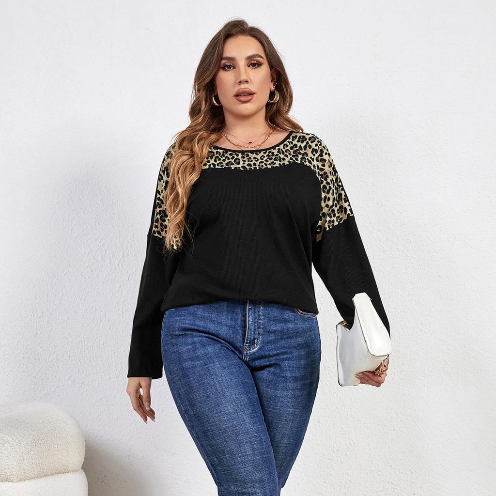 Patchwork-Hemd mit Leopardenmuster für Damen, Rundhalsausschnitt, lange Ärmel, lockeres, lässiges Sommerhemd, leicht, atmungsaktiv, bequem, modisch, Pendler-Plus-Shirt