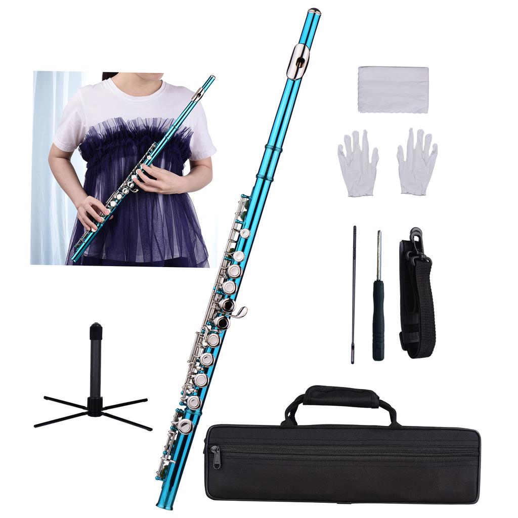 Closed Hole C Flute 16 Keys Cupronickel Nickel plated Wind Instrument with Carry Case Flute Stand Gloves Cleaning Cloth