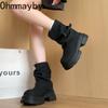 Fashion Thick Bottom Women Pipe Short Boots Punk Style Belt Buckle Slip On Shoes Autumn Winter Women's Motorcycle Booties