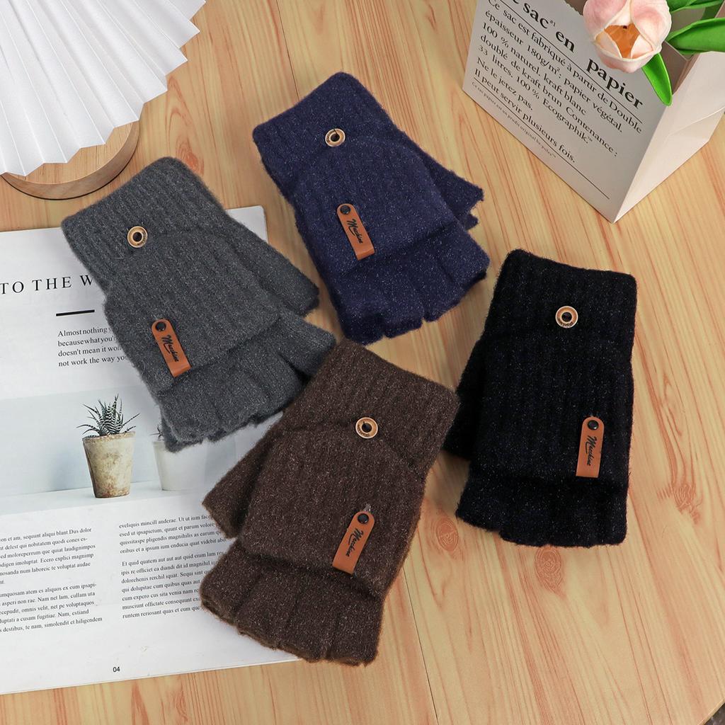 Gloves Winter Men's Half Finger Flip Warm Student Writing Wool Knitted Simple Fashion Leather Label Gloves