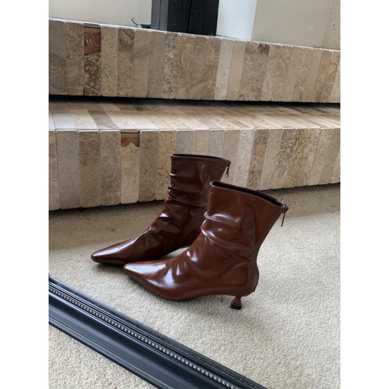 

Korean version of French retro patent leather stacking boots pointed toe thin heel high heel women s boots short boots versatile short boots and 39