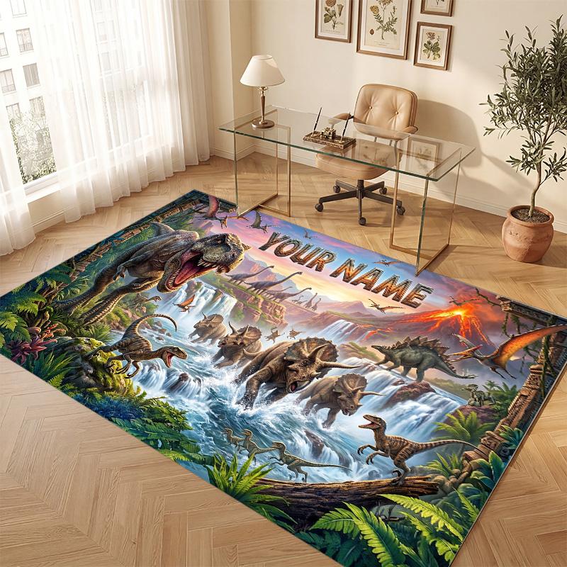 Dinosaur Theme Soft Crystal Velvet Rug Custom Name & Text Print Non Slip Floor Rug for Bedroom Living Room