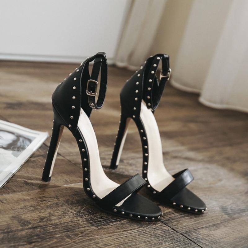 Fashion Women Sandals High Heels 2025 Summer Thin Heel PU Leather Rivet Peep Toe Sexy Party Shoes Sandalia Feminina Zapatos Mujer