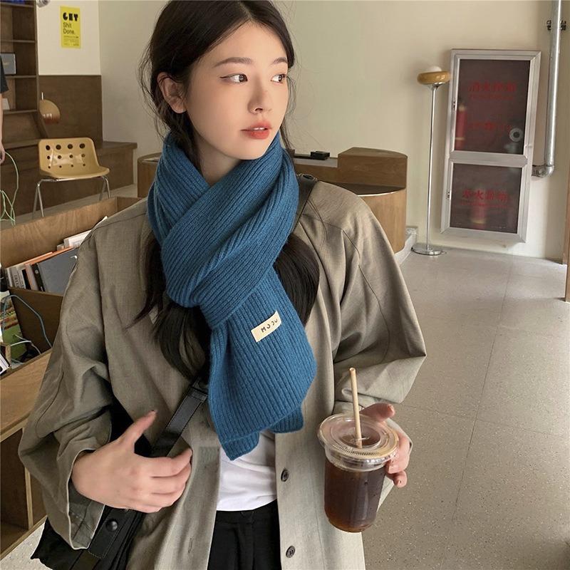 Solid color wool scarf women's autumn and winter warm versatile white student knitted scarf tide