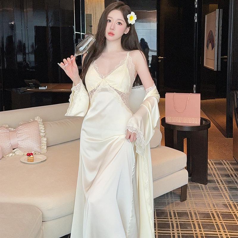French pajamas women's summer ice silk suspender nightgown two-piece set sexy back waist thin nightgown with chest pad