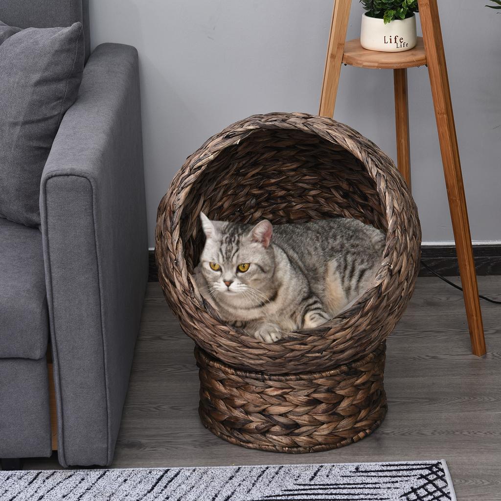 Water Hyacinth Cat Basket With Cushion Cat Bed Pet Bed 50 Cm X 42 Cm X 60 Cm Brown And Beige