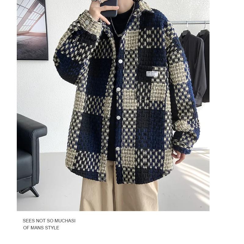 Fashion Loose Spell Color Grid Single Breasted Lapel Jacket Men's Spring Autumn Casual Jacket Pockets