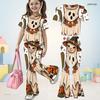 Girls Round Neck Short Sleeve Panda Ghost Printed Top And Flared Pants Two Piece Set