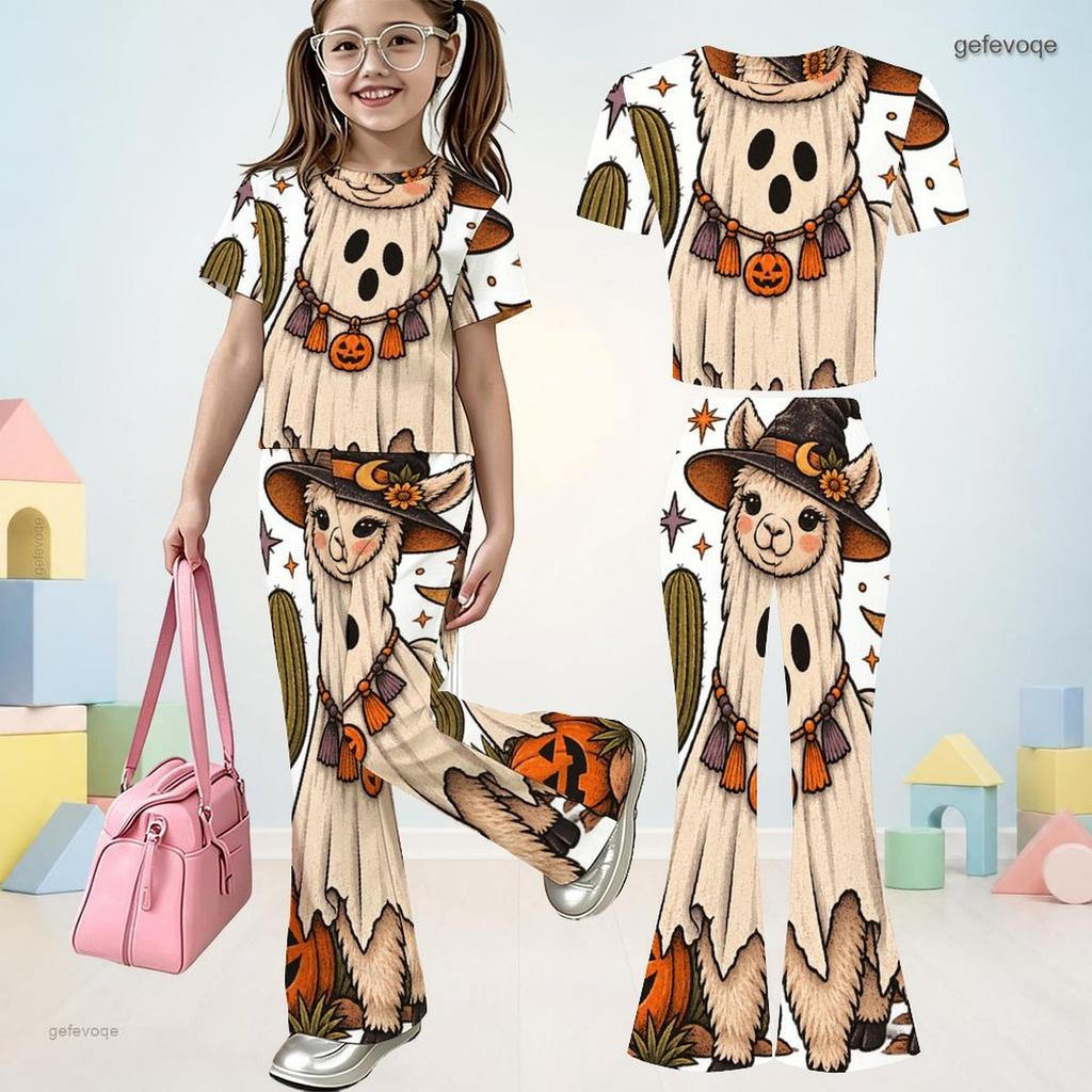 Girls Round Neck Short Sleeve Panda Ghost Printed Top And Flared Pants Two Piece Set
