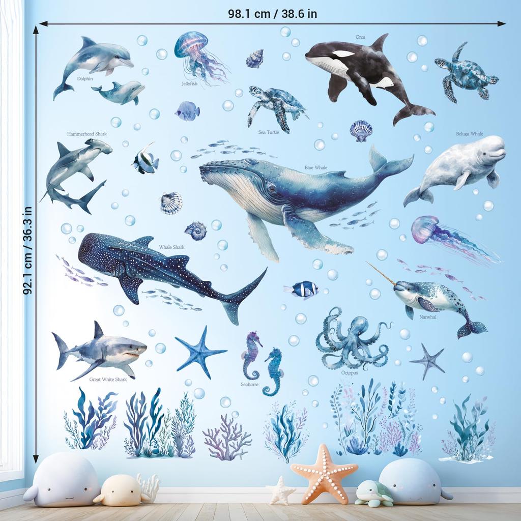 Decowall Sea Animal Wall Watercolor and Dolphin Design for and Removable Wall Decorations for Educational and Toddlers Stickers, Whale, Shark, Kids'