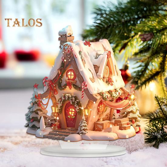 Christmas Acrylic Desktop Ornament Flat Snowy Cabin Ornament with Base Christmas Village Log Cabin Ornament for Holiday Table Decor