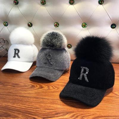 Autunno Inverno Caldo Berretto da baseball Donna Strass Lettera Pom Pom Berretti Hip Hop Donna Ragazza Palla di pelo Cappelli da sole casual