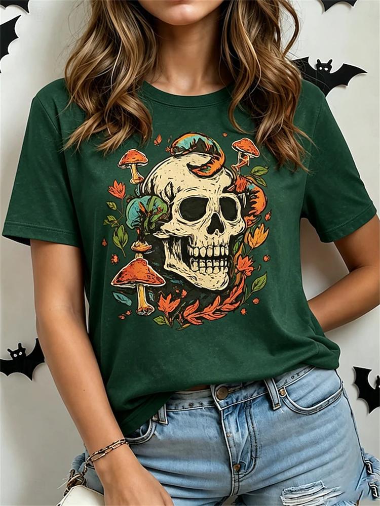 Unisexs Fashionable Casual Shortsleeve Halloween Tshirt With Spooky Skull Print And Round Neckline Perfect For Holiday Parties