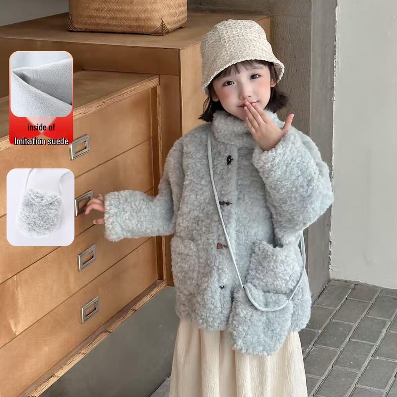 Mengtejiao Girls  Sweet Faux Suede Lamb Wool Winter Coat 110