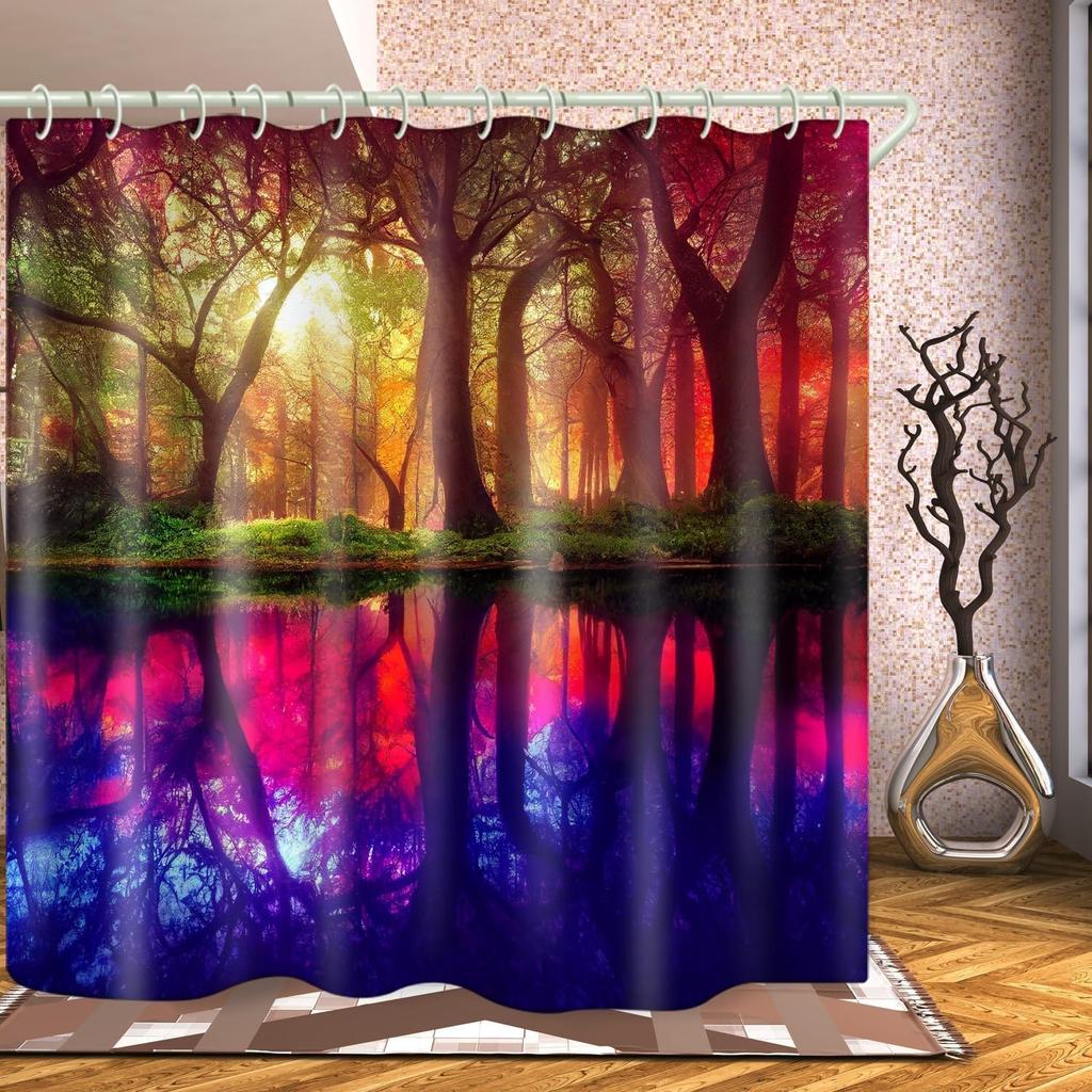 Łazienkowe Kolorowe Dekoracyjne Zasłony Prysznicowe z Motywem Leśnego Snu 3D, Tkaninowa Zasłona Prysznicowa z 12 Haczykami, Zasłony Prysznicowe do Wanny