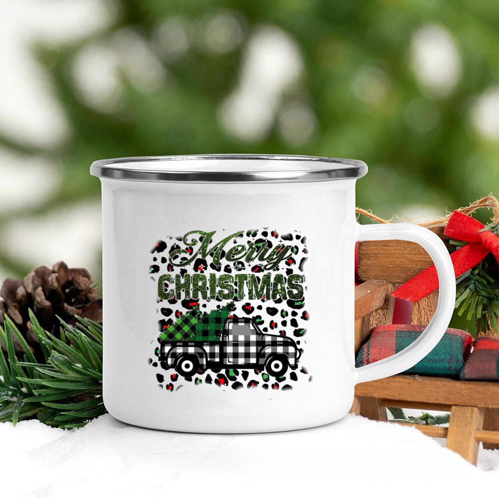 Santa Deer Truck Print Creative Enamel Cups Christmas Party Drink Juice Hot Cococ Cup Mugs Handle Mug Gifts for Family Friends