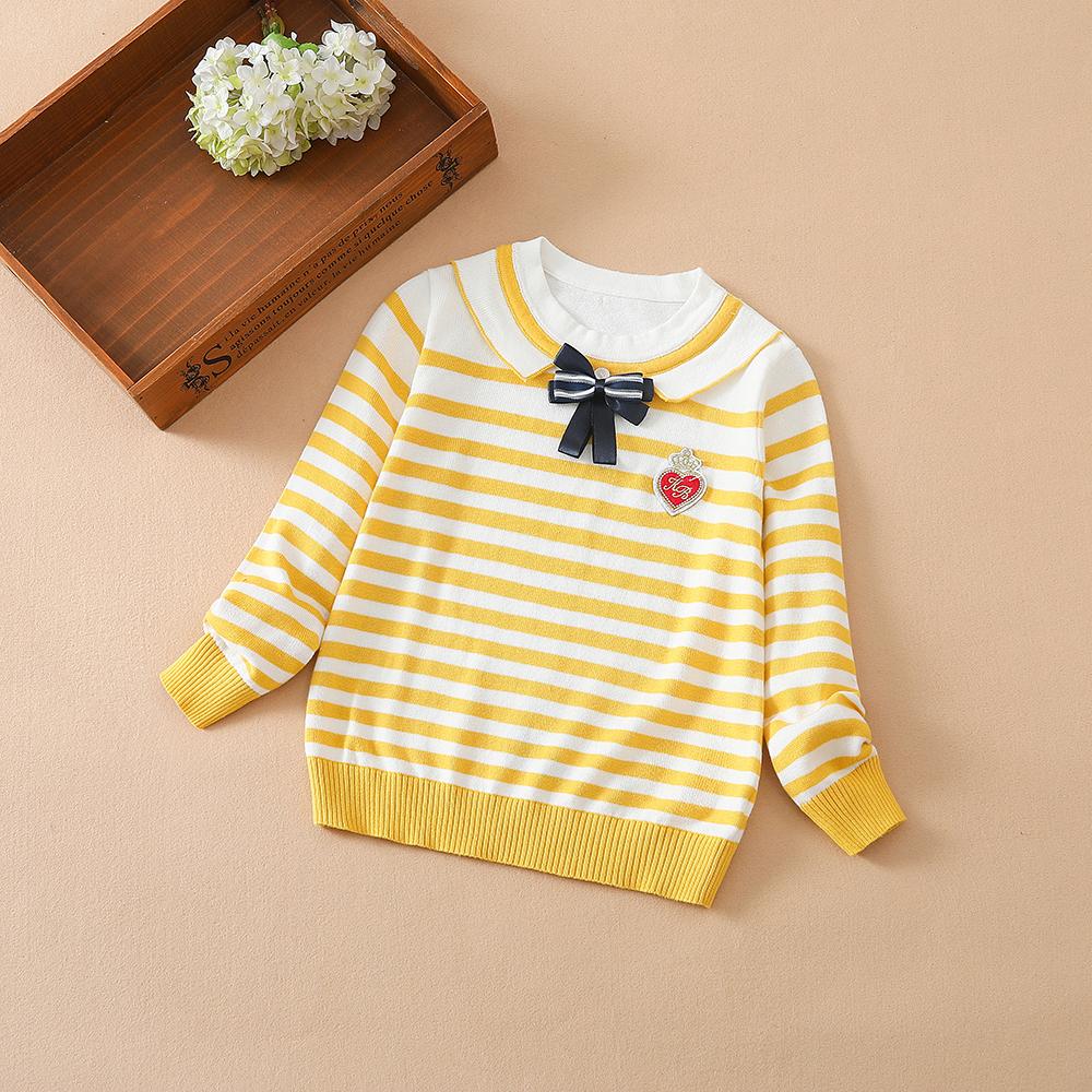 

Вязаный свитер с длинными рукавами для девочек, осенне-зимний пуловер с бантом, топы, детская одежда в хлопковую полоску в консервативном стиле