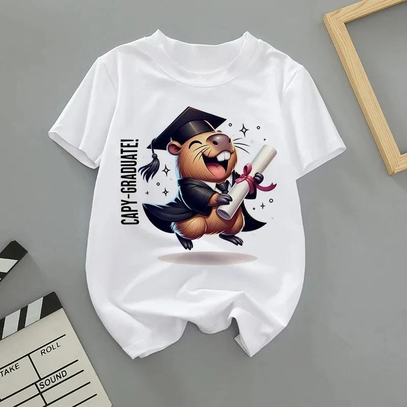 Summer Cartoon Cute Capybara Print Children T-shirt Short-sleeved Fashion Boys and Girls Round-neck Baby Kid Tshirt Trend