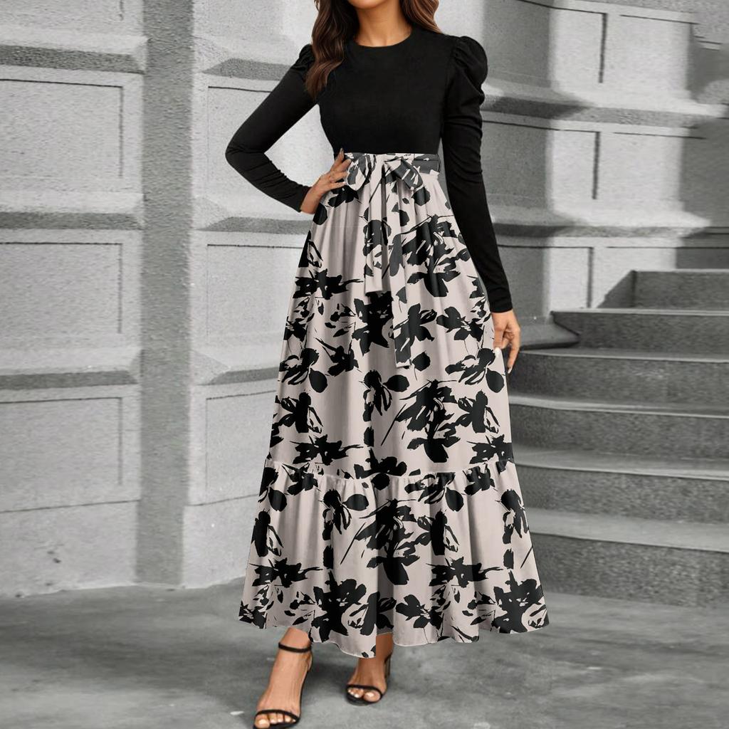 Elegant Long Sleeve Maxi Dress for Women, Floral Print High Waist A-Line Casual Party Dress, Comfortable Fit, Stylish Design