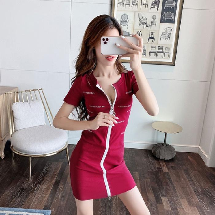 

Summer new sexy careful machine low-cut dress short-sleeved zipper design sense fried street hip-wrapped short skirt summer XL червоний