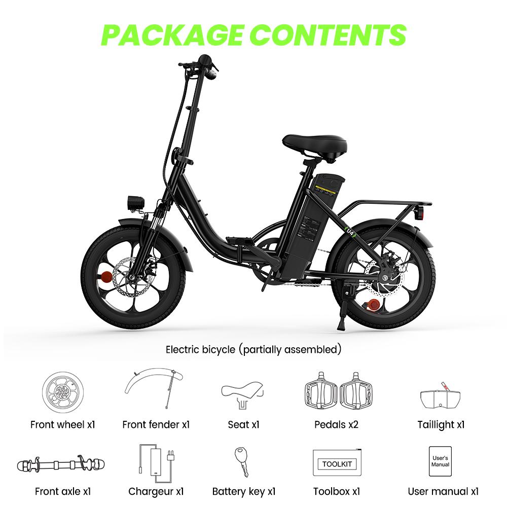 U4 Electric Bike 10.4Ah Battery 25KM/H Max Speed Front Suspension Disc Brake 3-Speed Modes 55+ Miles Range Compact Electric Bicycle with 16'' Tires