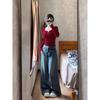 Maillard Button German Velvet Long-sleeved T-shirt for Women in Autumn Winter with Tight-fitting Inner Layering Shirt Red Top