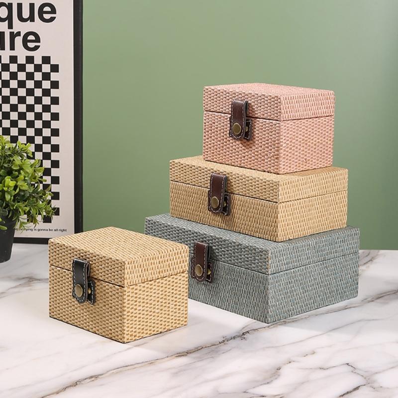 Convenient Travel Storage Box Wicker Pattern Jewelry Presentation Case Multi Functional Wooden Earrings Necklaces Holder