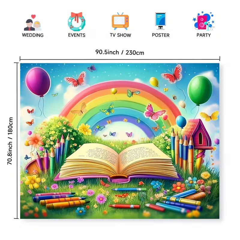 Rainbow Book & Crayons Kids Tapestry, Colorful Butterfly Floral Wall Hanging