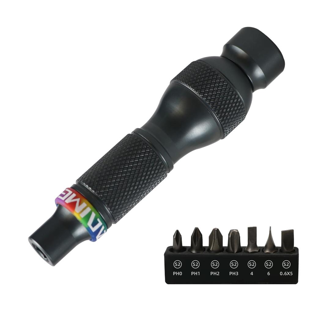 Carimee Ratcheting Multi Aluminum Alloy Manual Screwdriver with Magnetic Bearing for Inch Driver Hex Screwdriver, 7-in-1 Screwdriver. 6.35mm