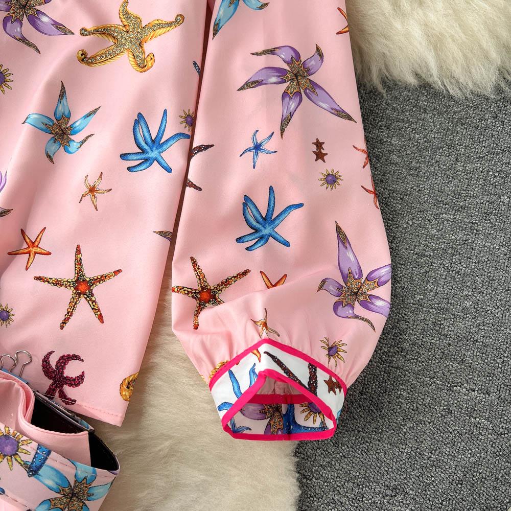 Spring Lace Stitched Long Sleeve Printed Shirt + Waist Bag Hip Pleated Fishtail Skirt Two-Piece Suit