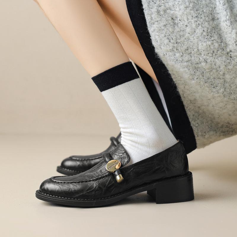 Retro gullspenne tykk hæl loafer damesko britisk stil små skinnsko