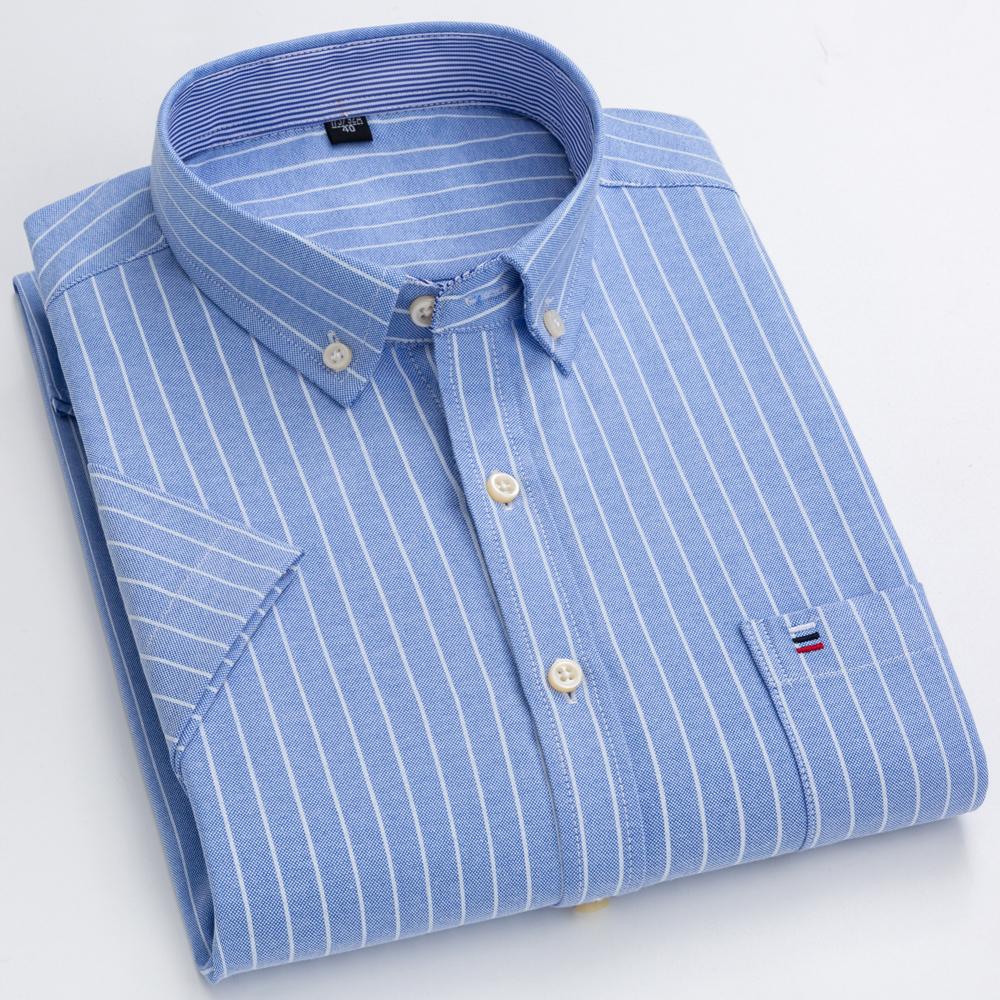Men's Striped / Solid Short Sleeve Oxford Cotton Button Down Shirt, Summer Casual Comfort Lightweight Breathable with Chest Pocket