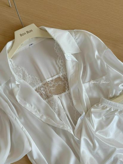 Übergröße Satinstoff Spitze Patchwork Boyfriend Pyjama Set