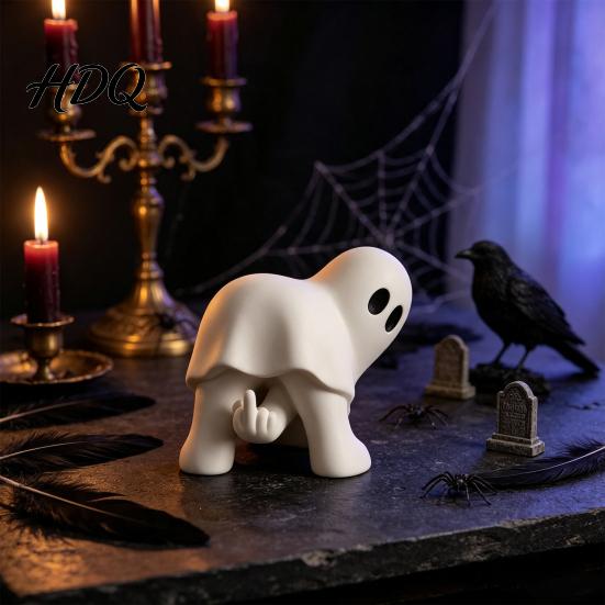 Funny Ghost Figurine for Halloween Middle Finger Figurine Novelty White Statue Spooky Modern Farmhouse Decor Tabletop Ornament Mantel Shelf