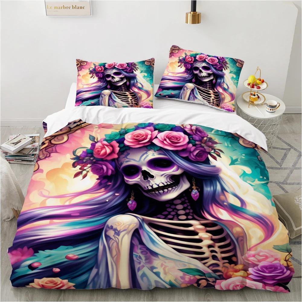 Rose Skull Duvet Cover Set Twin Single Size Halloween Bedding Set Teen Adult Kids Children Bed Linen Qulit Cover Pink Spider